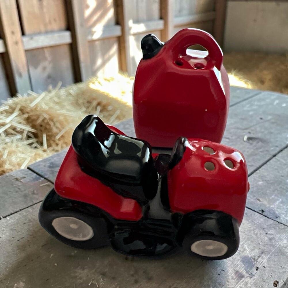 Red Tractor & Gas Can Salt and Pepper Shakers Set Ceramic Hand Wash